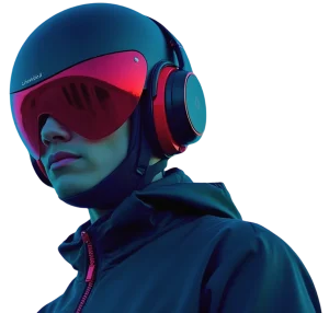 Futuristic professional in dark helmet and headphones