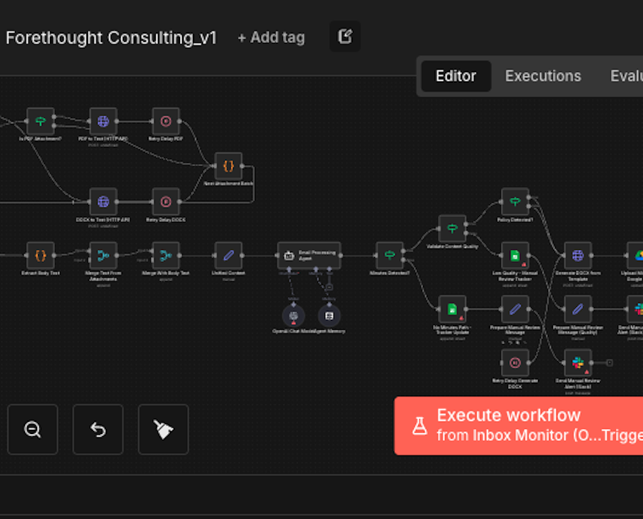 n8n workflow automation canvas for Forethought Consulting email processing solution